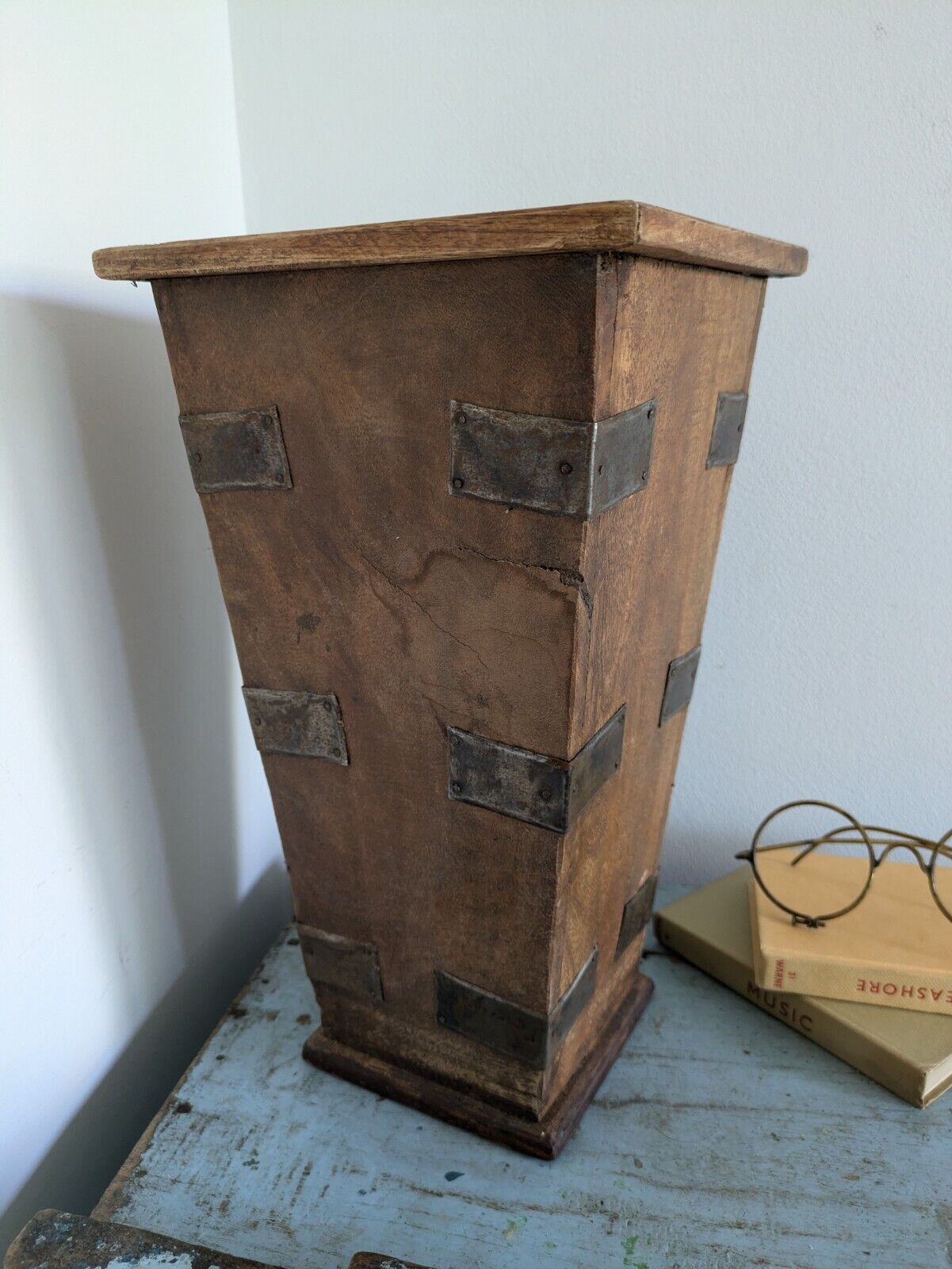 Vintage Old Handcrafted Iron Fitted Wooden Flower Pot / Planter Collectible Tall