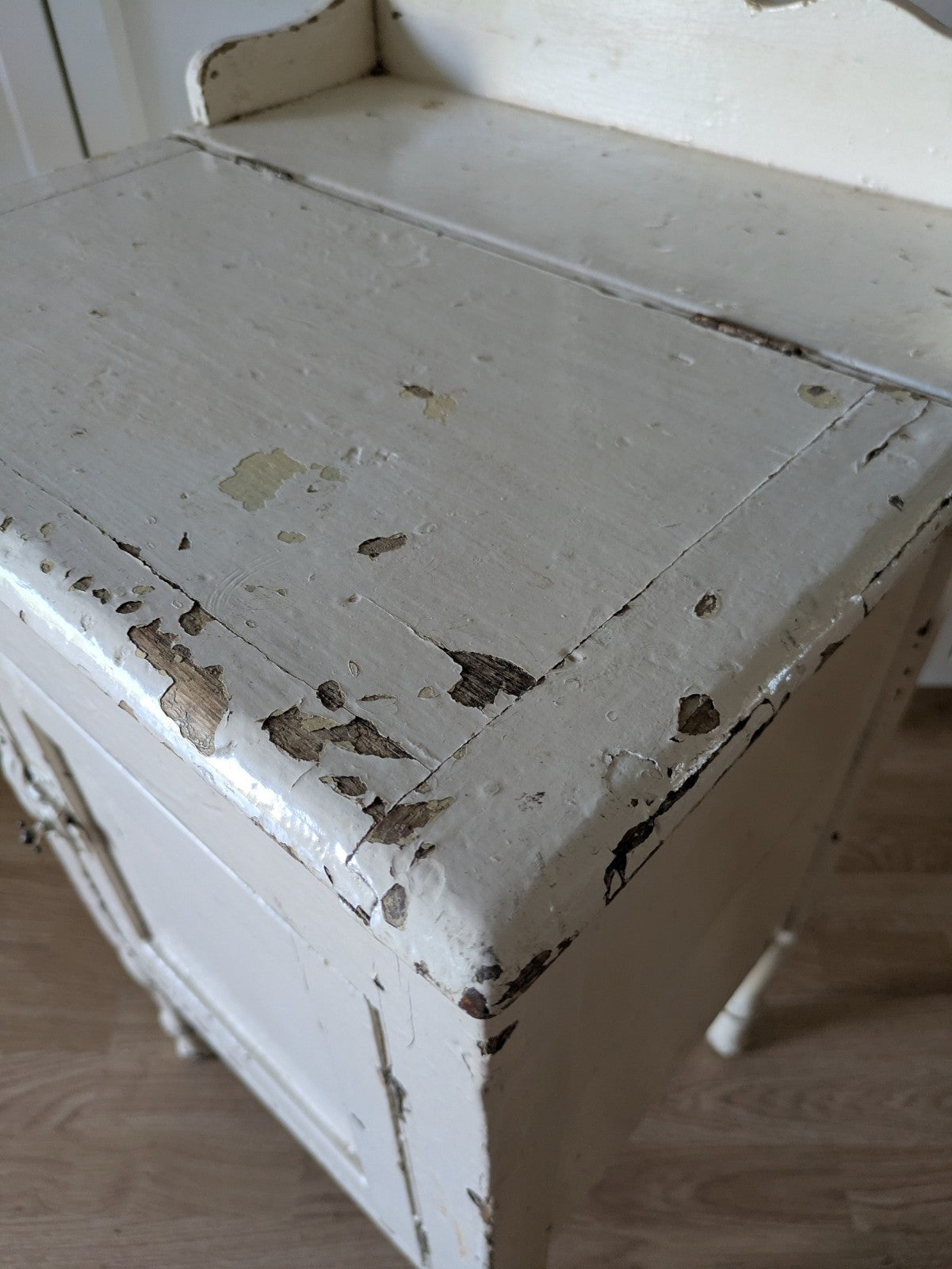 Vintage painted Chippy Bedside Vanity cabinet with Rail White Cupboard Table Old