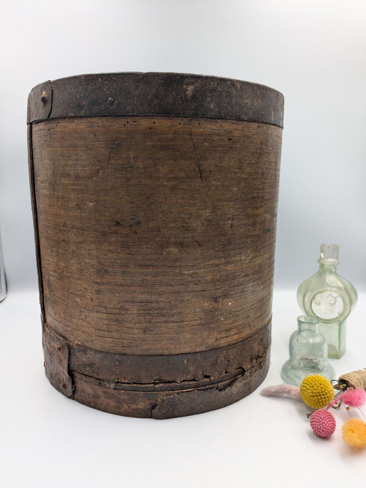 Vintage Bentwood Primitive Heavy Iron Grain Measure Pot Handmade Banded Metal