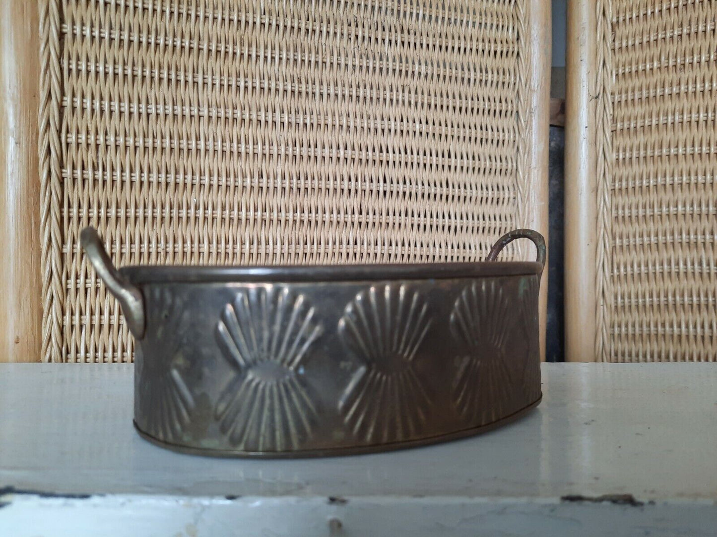 Vintage Oval Copper Planter Plant Pot Holder Deco shell dish two handles rare