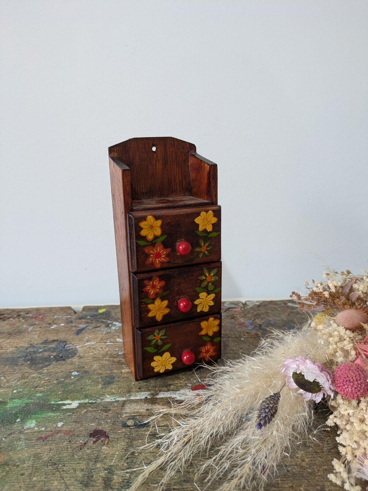 VTG Retro Sewing box 3 Drawer Wooden Drawers Wall Mount Hand Painted Lined Vgc