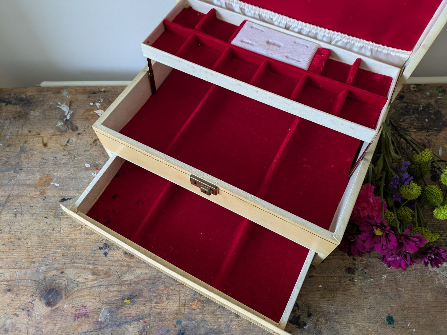 Vintage MELE 3 Tier Jewellery Box Faux Leather Made in U.S.A 1950s Red Velvet
