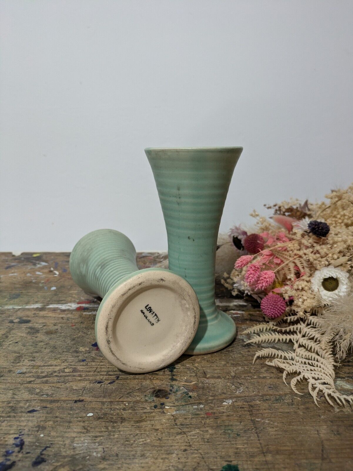 2x Lovatts Langley Pottery Ribbed Vase Windsor Green Vintage 1930's Pair Fluted