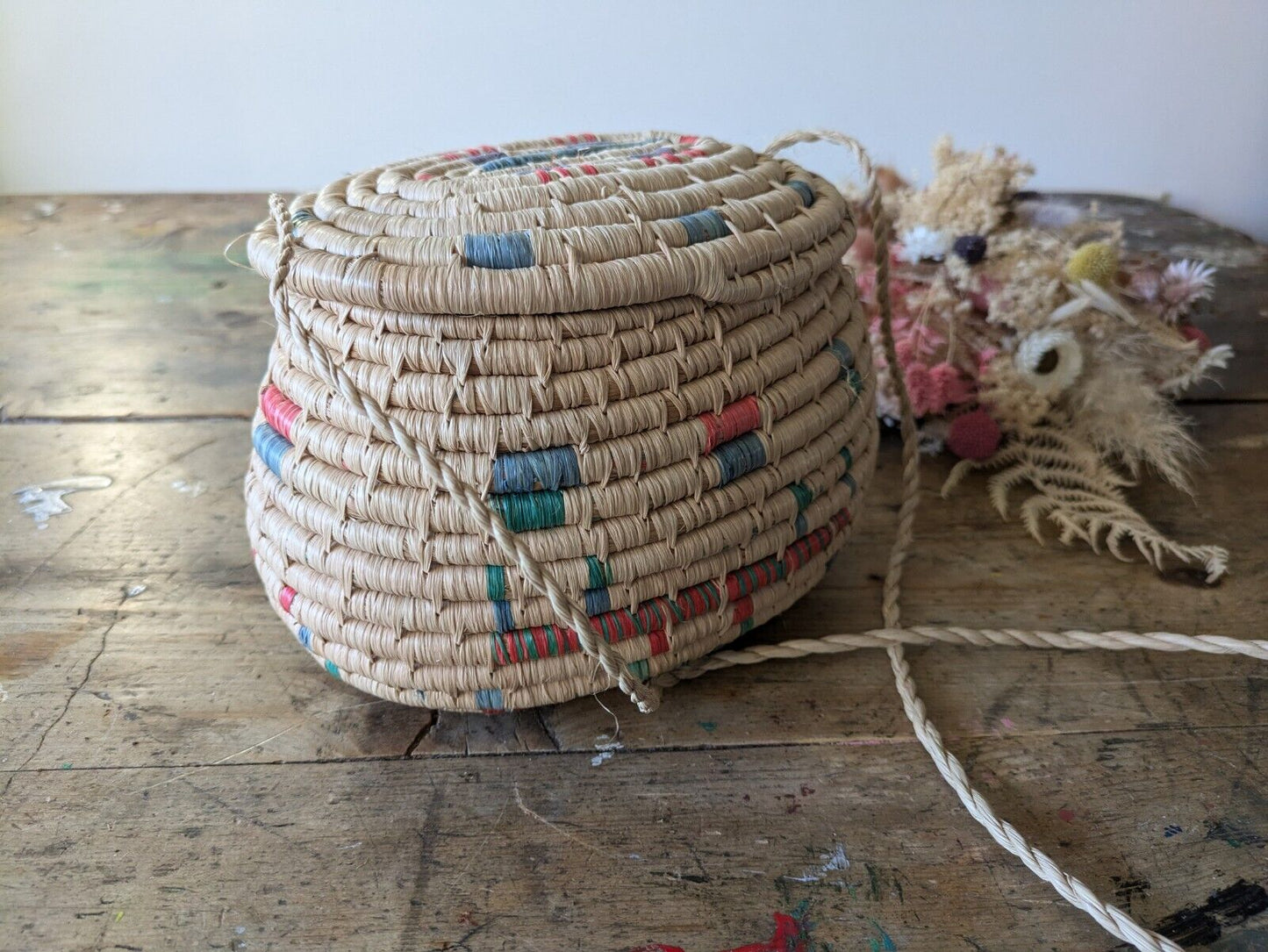 Vintage Native American Woven Coil Oval Basket Lid String Raffia Coloured Bag