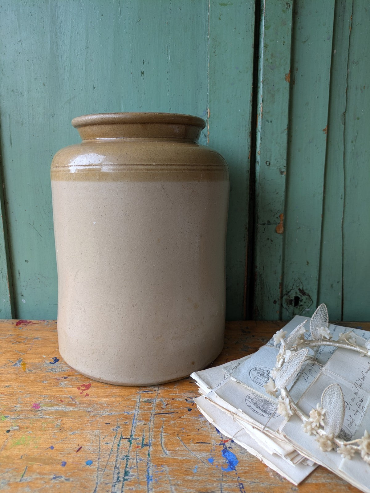 XL Antique Large Stoneware Country Farm House Salt Glazed Pot Utensil Vintage