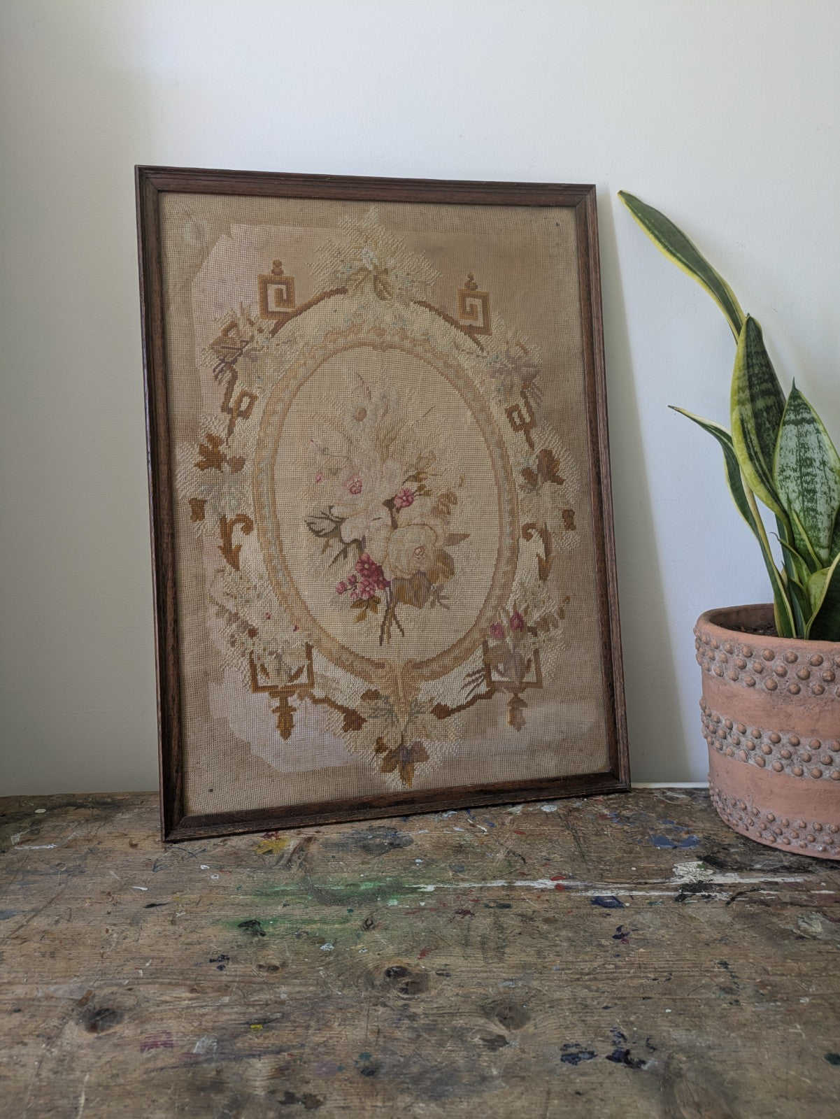 Antique French Needle Point Aubusson Floral Rose Rare Tapestry Framed Original