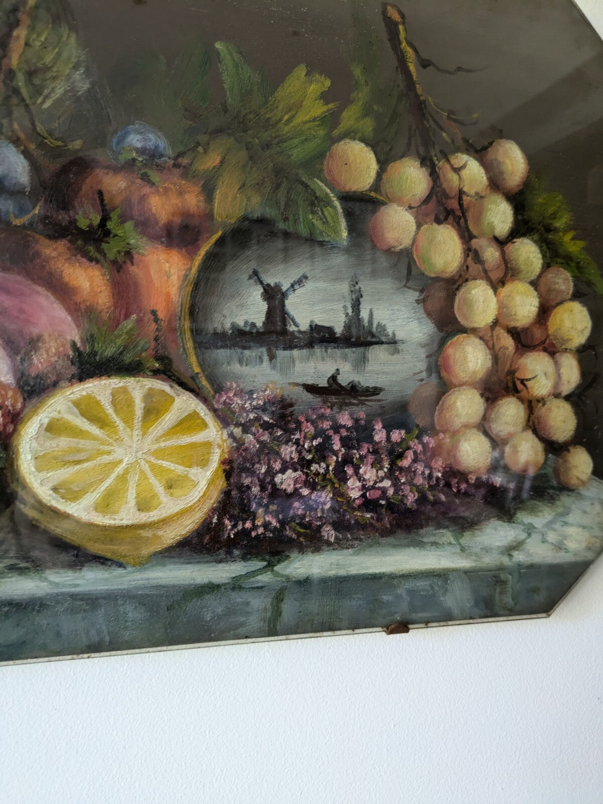 Abells Signed Still Life Oil Fruit Grapes Frameless 1920s Painting Dutch Glass