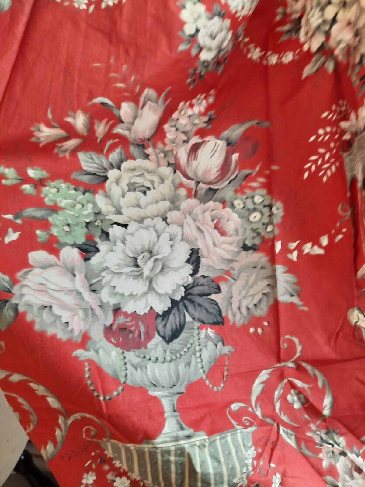 Vtg antique 40s french red floral fabric Cabbage Rose Bird Cage 2.33m X 2.45m