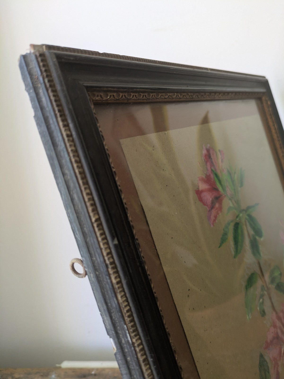 Original Antique Framed Oil Pastel Painting Floral Bouquet Flower Still Life 70s