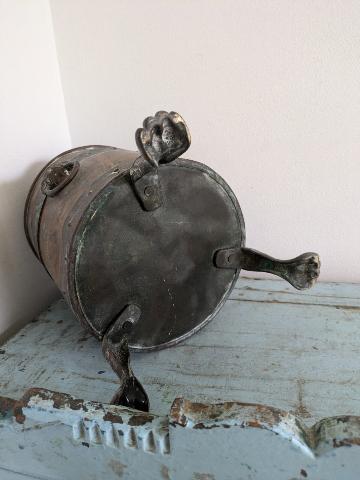 19th C Antique Copper Brass Lion Log Coal Bucket Planter Ice Cylinder 3 Leg Rare