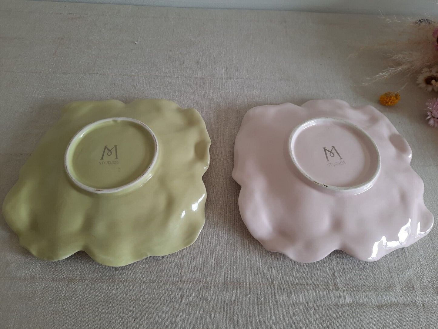 M studios Black Flower Pink Yellow Ceramic Pottery Plates Rare Petal Prop Displa