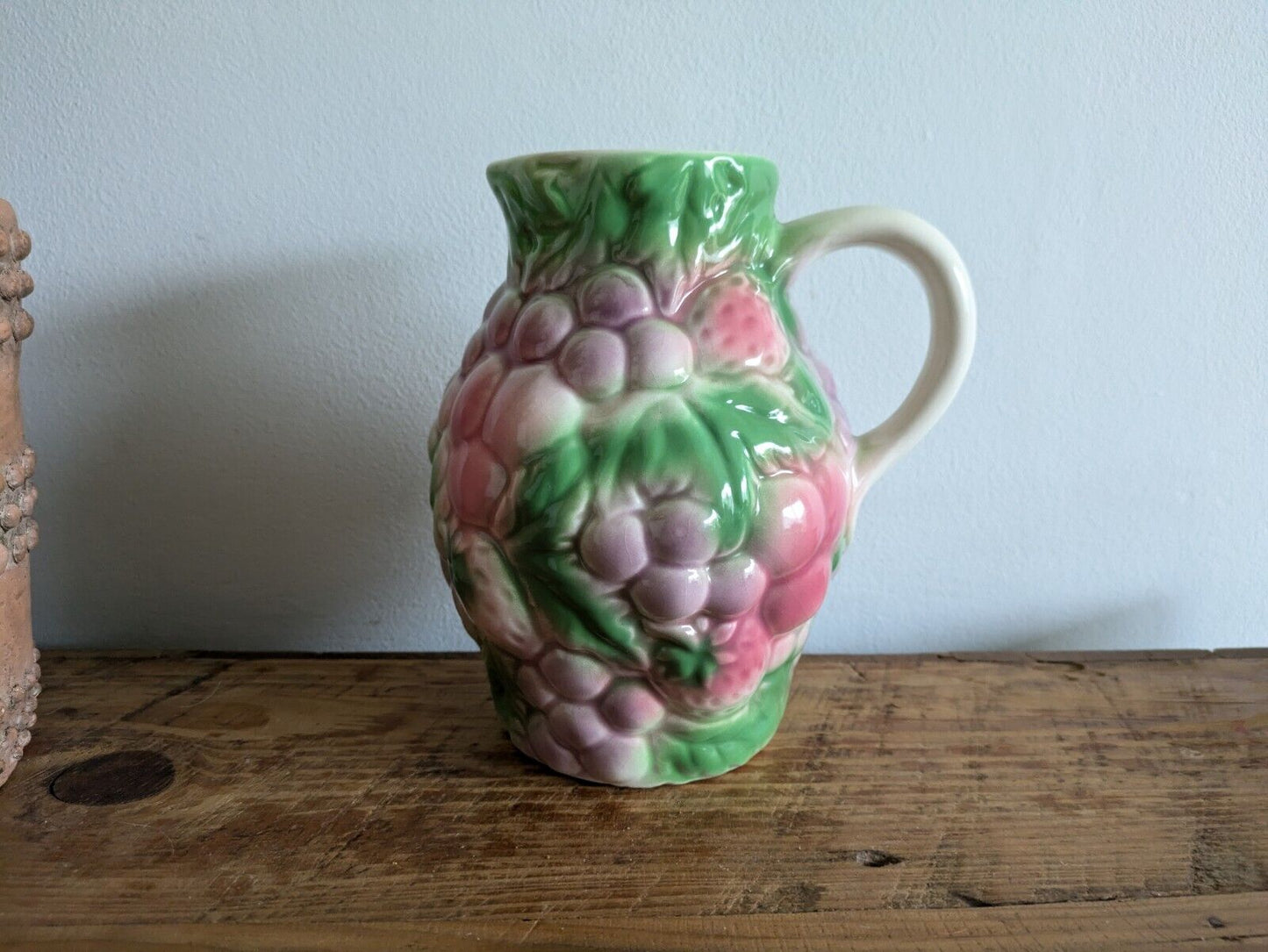 Large Vintage Salins Les Bains-style Barbotine Majolica Fruit Pattern Jug 19cm