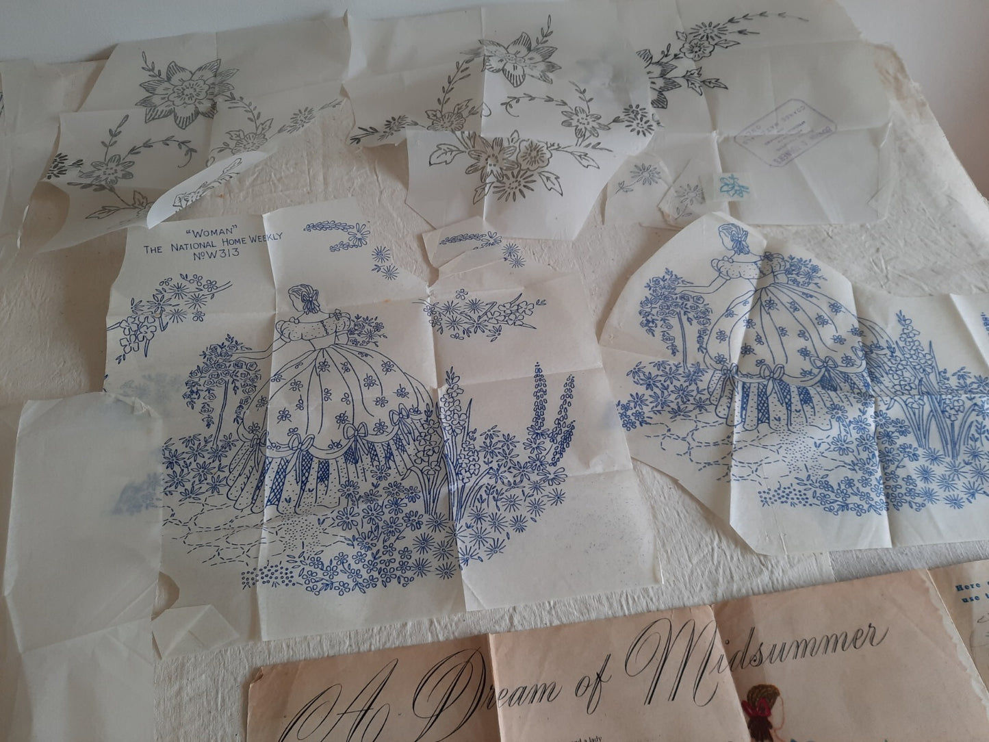 Embroidery Cross Stitch Transfer Patterns Needlecraft Antique Vtg 30s Crinoline