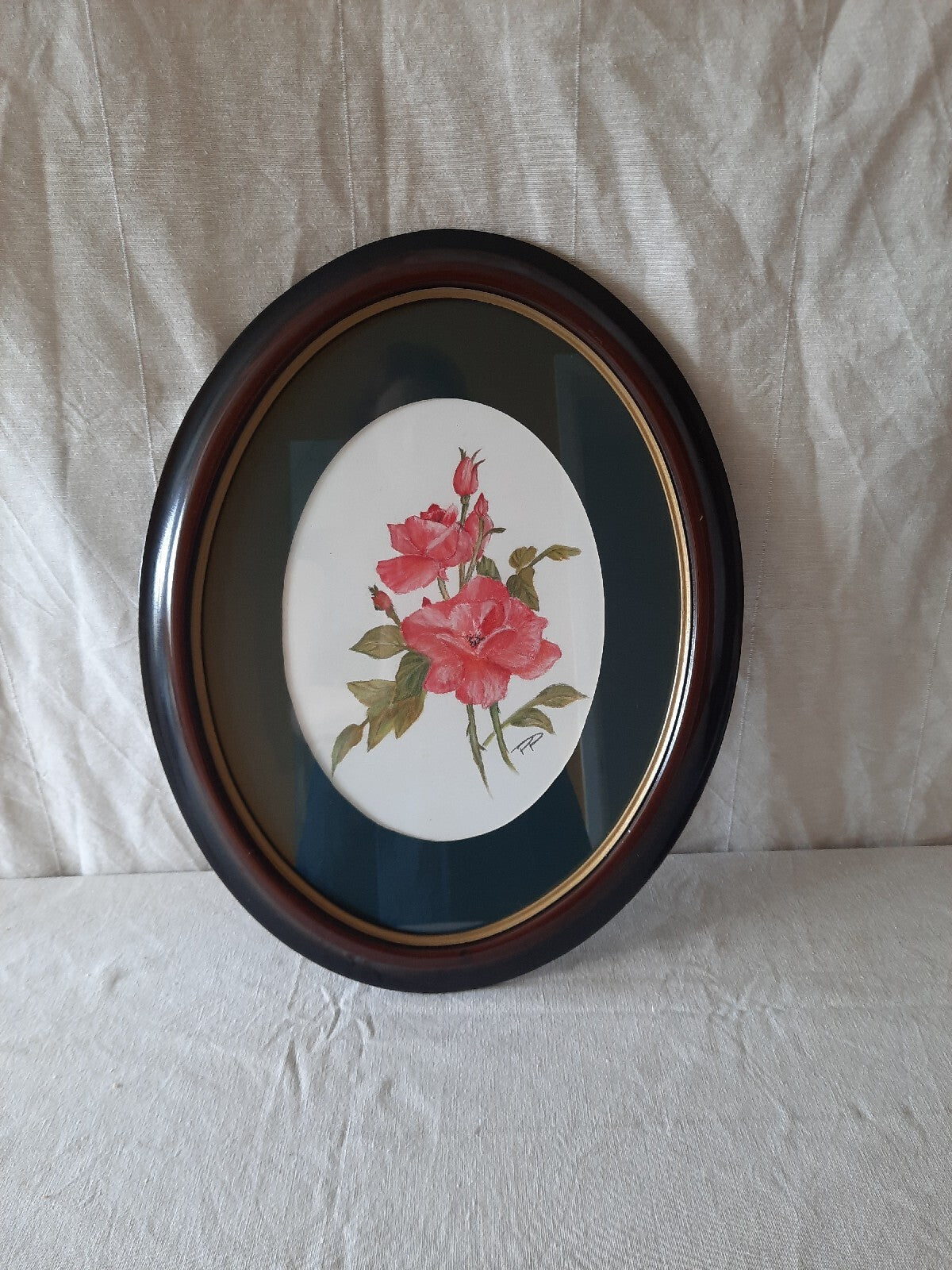Vintage original oil Pastel painting Oval frame bouquet botanical old Red Rose