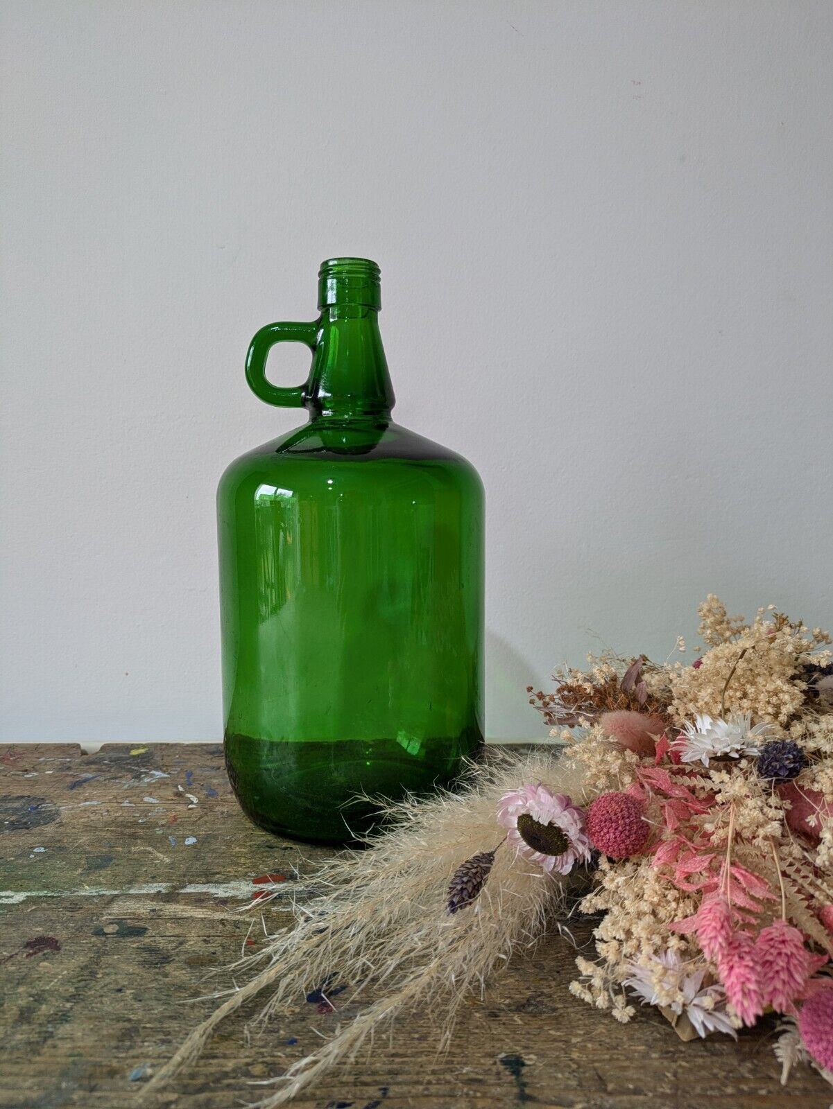 Vtg French Green Glass Jug Bottle Demijohn Modele Depose Beer Wine Display Vase