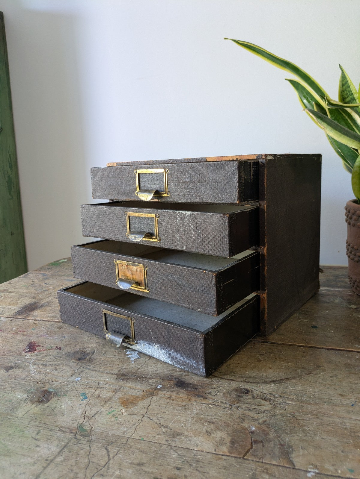 Vintage 4 Drawer Stationary Drawers Box Display Cabinet Industrial Office Desk.