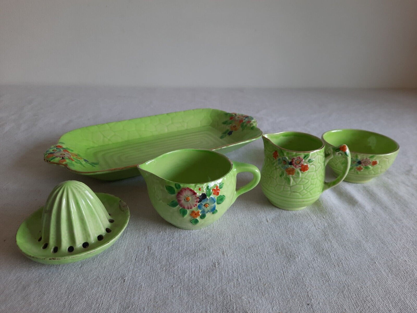 CROWN DEVON ART DECO FIELDINGS GARDEN PATH 1930s VTG JUG DISH BOWL SET JUICER
