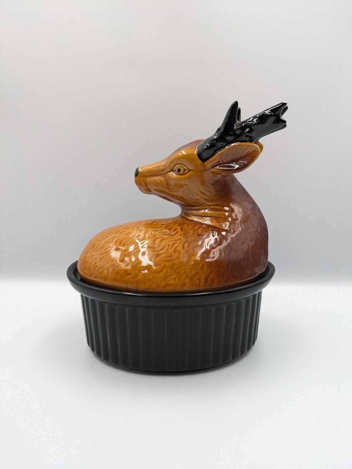 Vtg Majolica French Terrine Tureen Lid Pate Dish Ceramic Deer Game Stag Rare