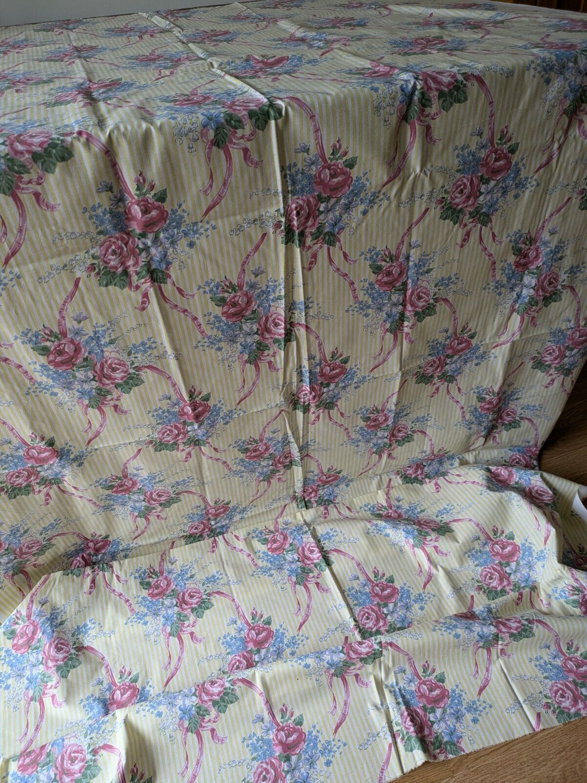 Cotton Fabric 2.61 METRES Material Cabbage Rose Floral Yellow Stripe Vintage New