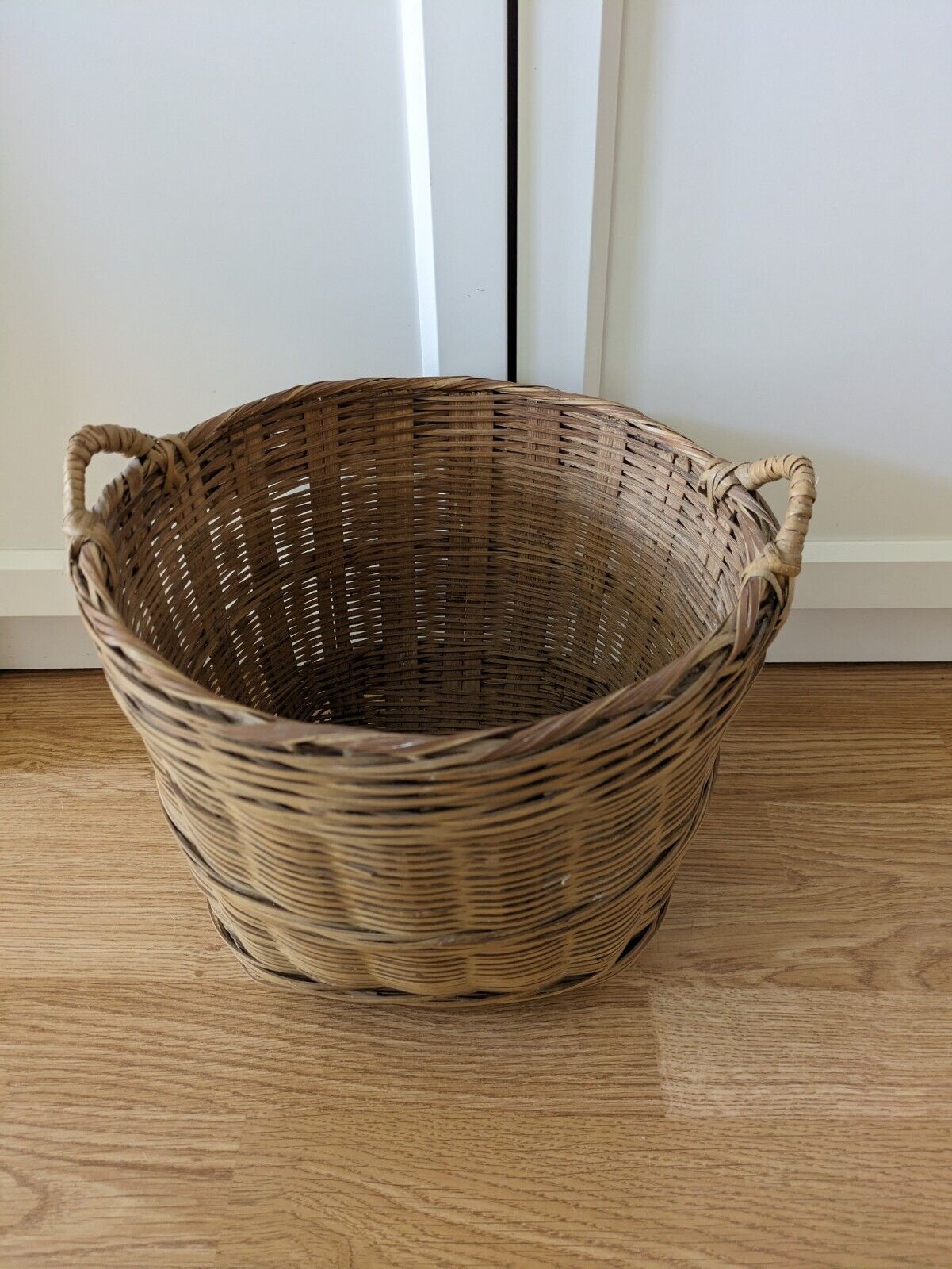 Vintage Asian Wicker Bushel Basket Handles Rattan Frame Storage Sturdy Bucket
