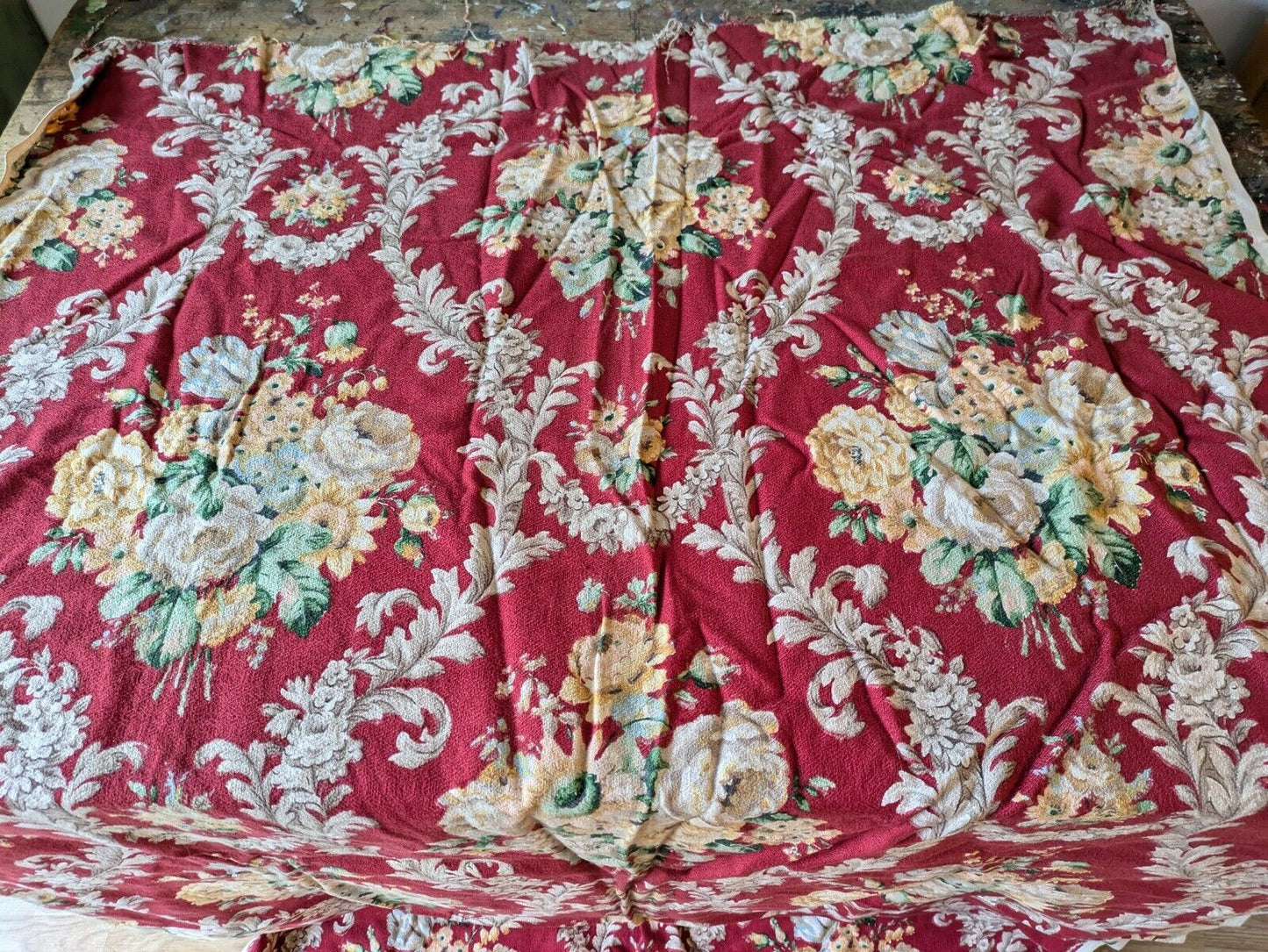Unused vintage 50's Beaufort barkcloth fabric 116.5cm X 2.56m red Floral Rose