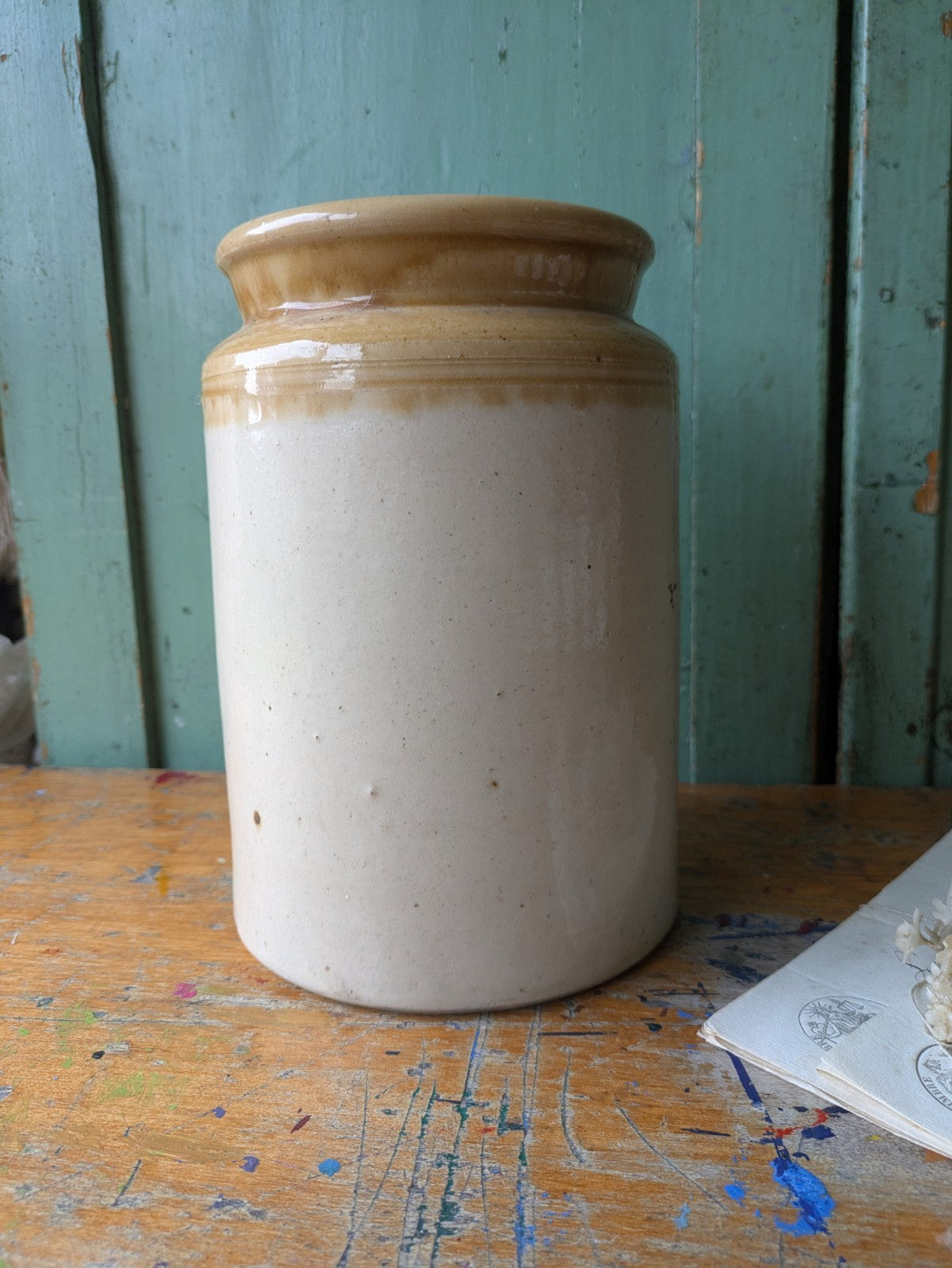 Antique Large Stoneware Country Farm House Salt Glazed Pot Utensil WPH Vintage