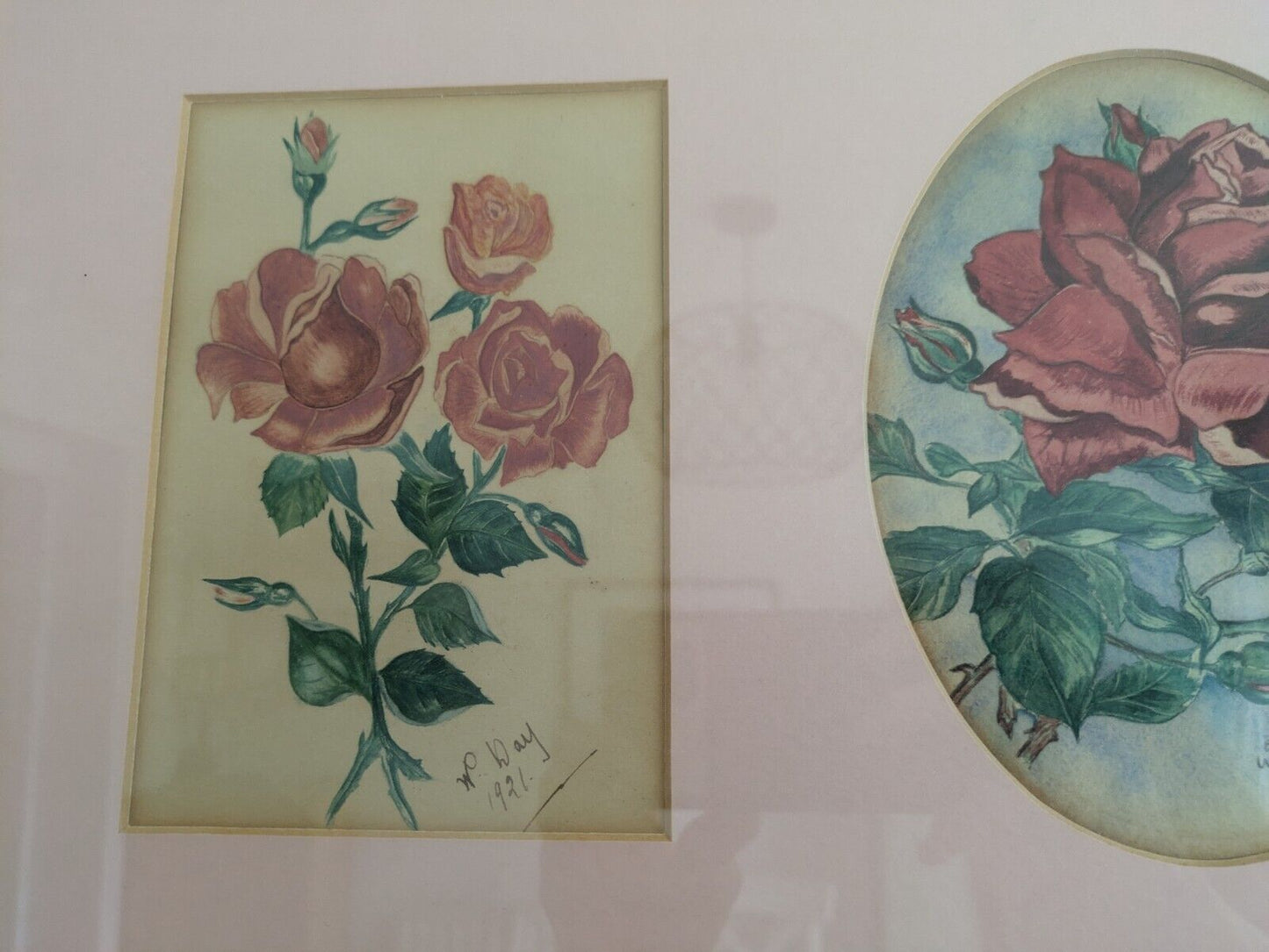 1921 Signed Antique Rose Painting By W H Day Frame Pink Mount W H Day Artist Vgc