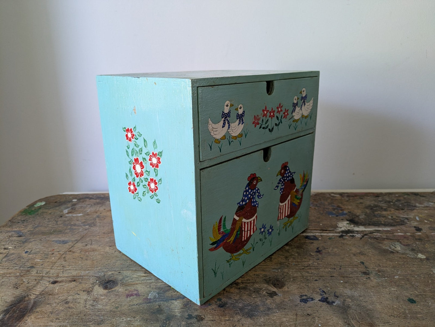 Folk Art Chicken CHEST of DRAWERS BOX KITCHEN Storage Wood Jewellery Vtg Floral