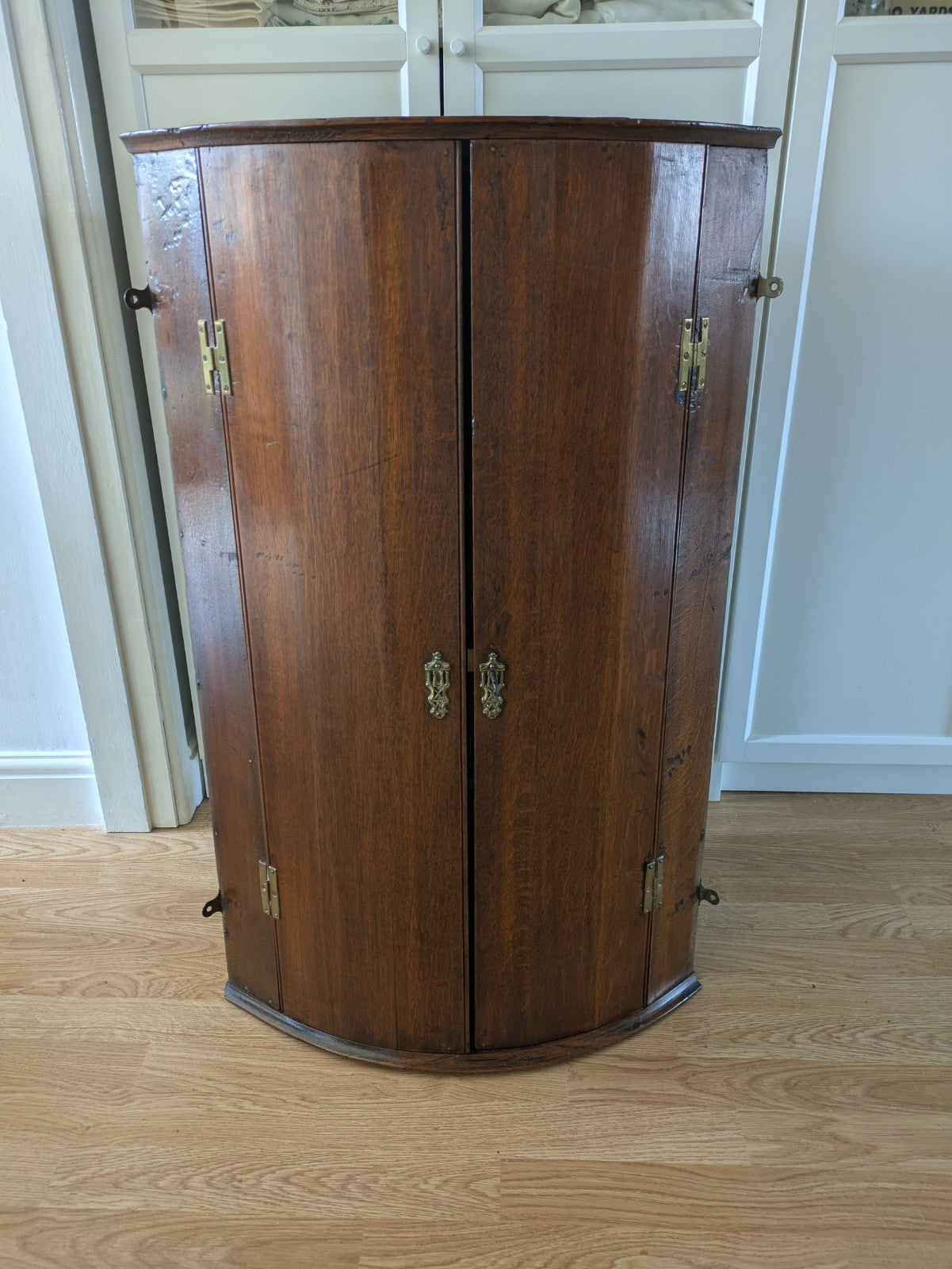 Antique Georgian Bow Fronted Wall Hanging Corner Cabinet Cupboard Shelves Wooden
