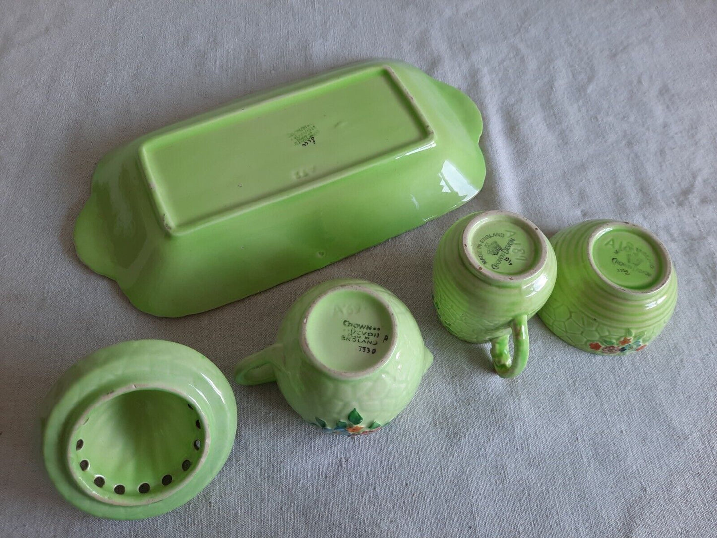 CROWN DEVON ART DECO FIELDINGS GARDEN PATH 1930s VTG JUG DISH BOWL SET JUICER