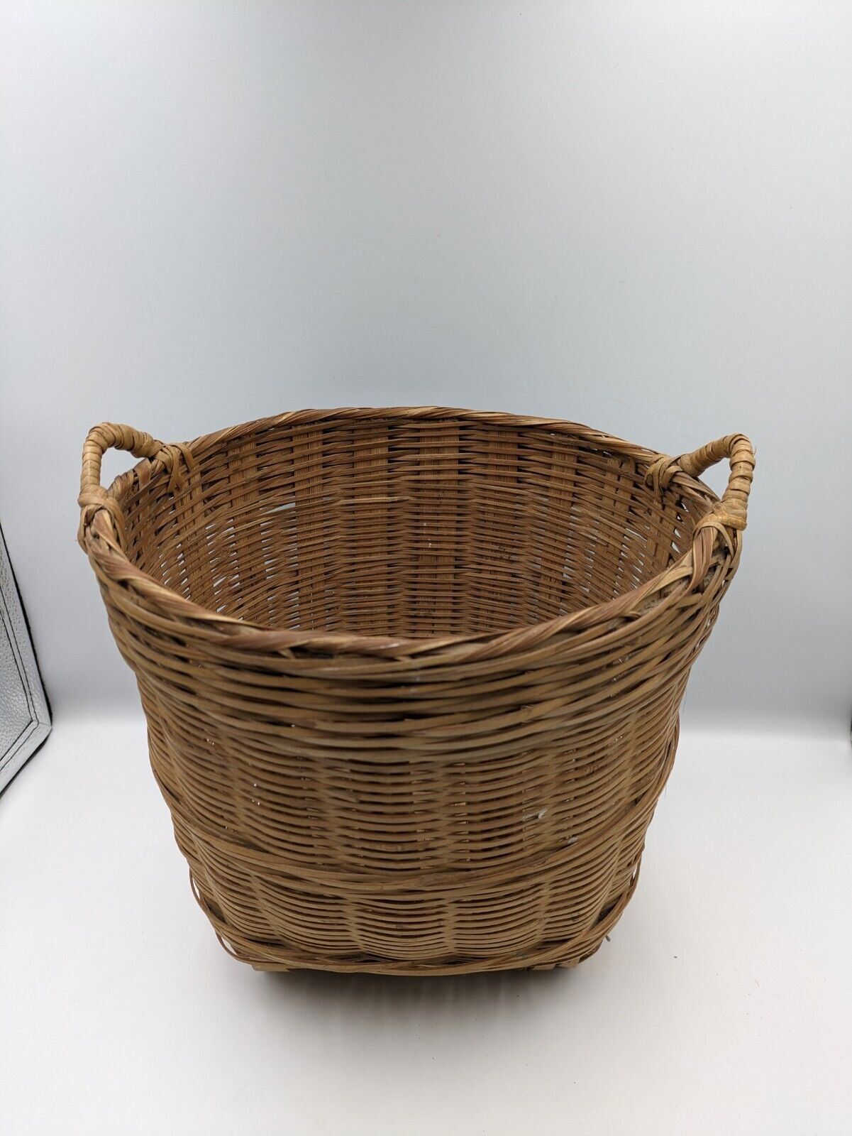 Vintage Asian Wicker Bushel Basket Handles Rattan Frame Storage Sturdy Bucket