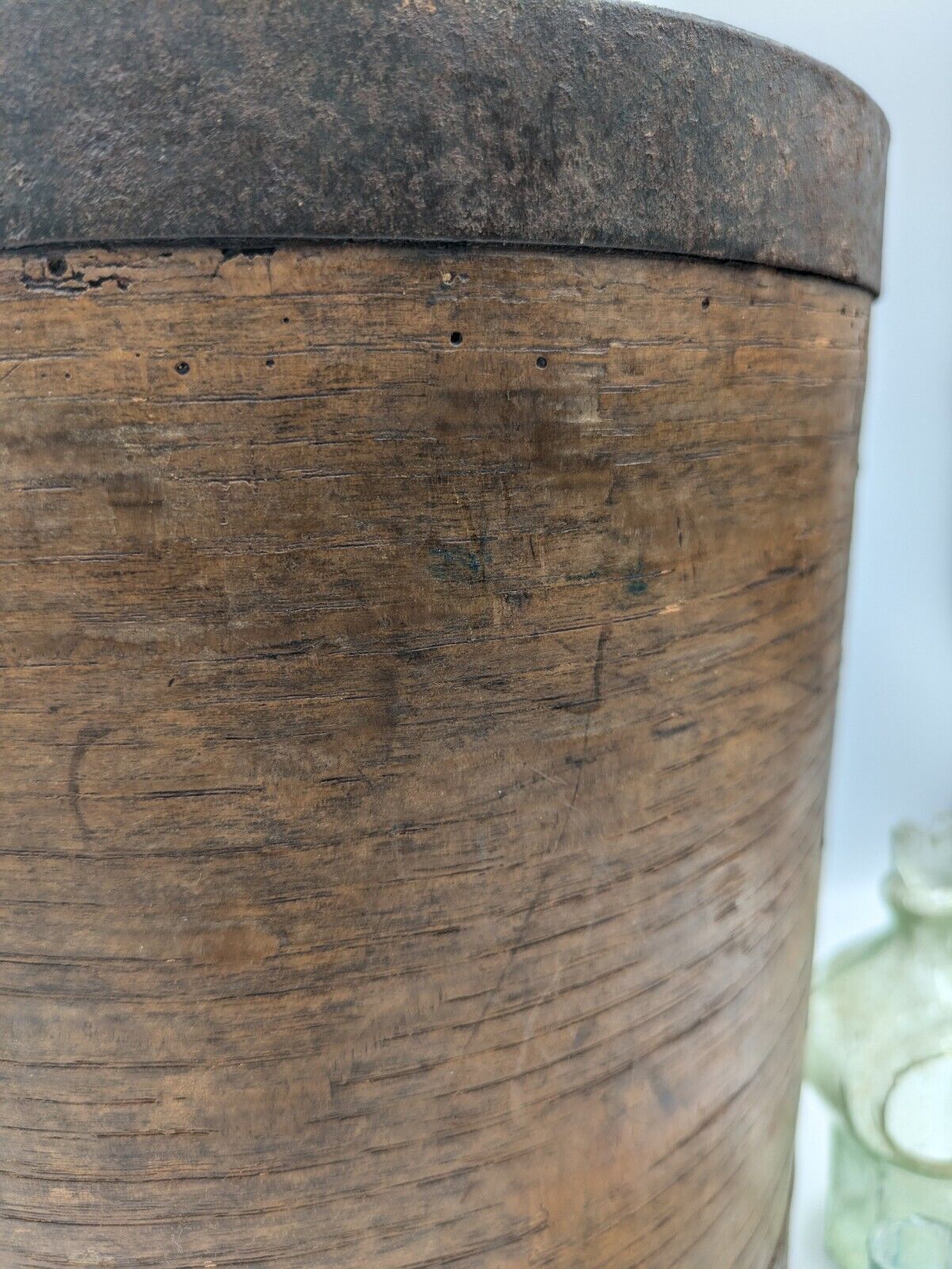 Vintage Bentwood Primitive Heavy Iron Grain Measure Pot Handmade Banded Metal