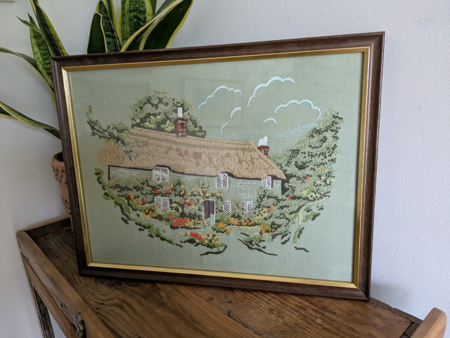 Vintage Old Needlework Crewel Stitchwork Crochet Cottage House Picture English