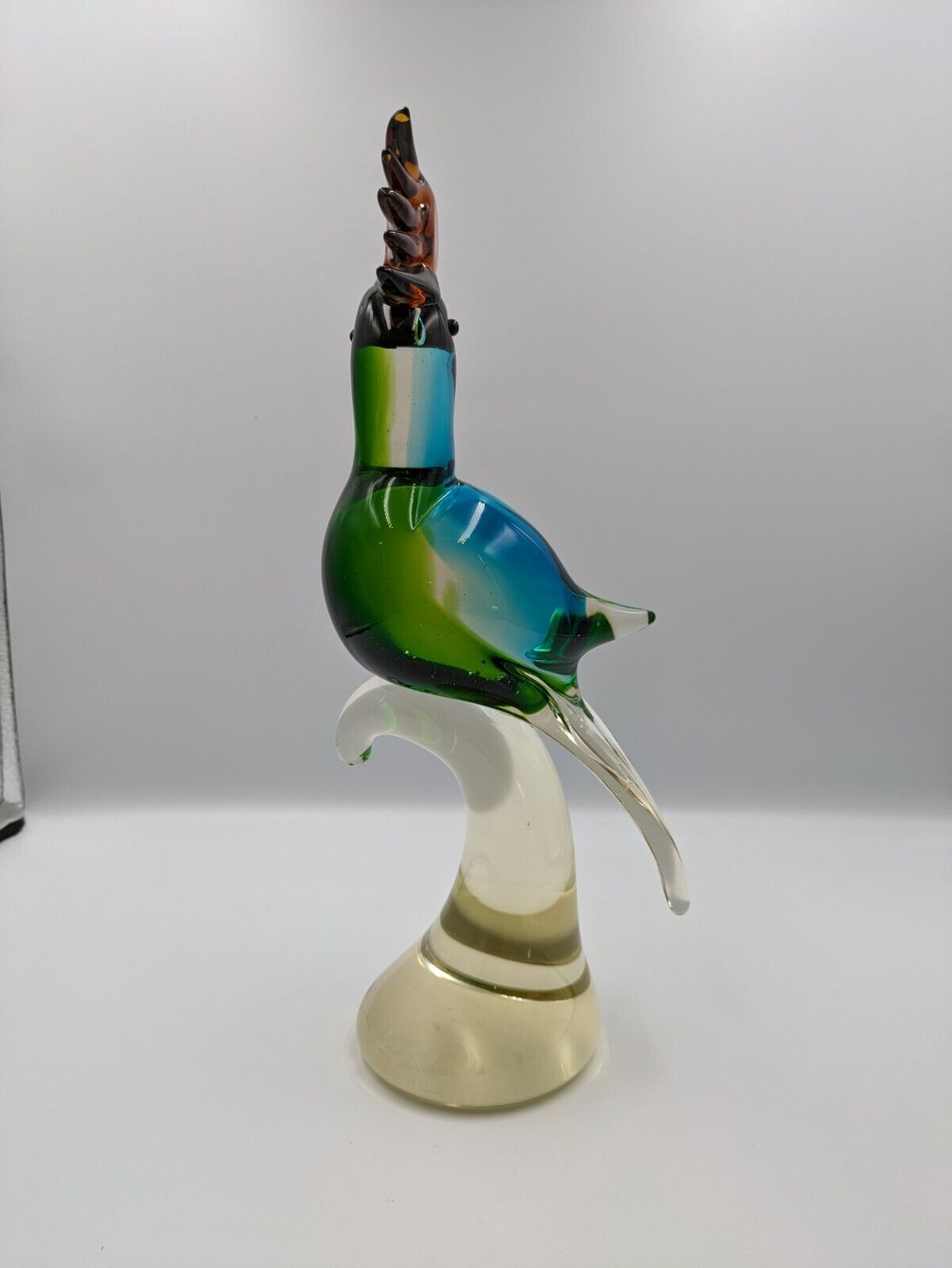 XL Murano Style Aummika Art Glass Green Blue Cockatoo / Parrot Figurine 32.5cmH