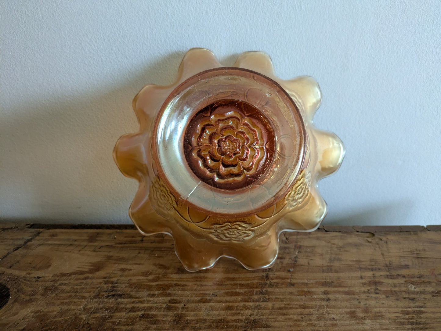 Carnival Glass Bowl Dugan Double Stem Rose Marigold/Peach Opal Iridescent C1917