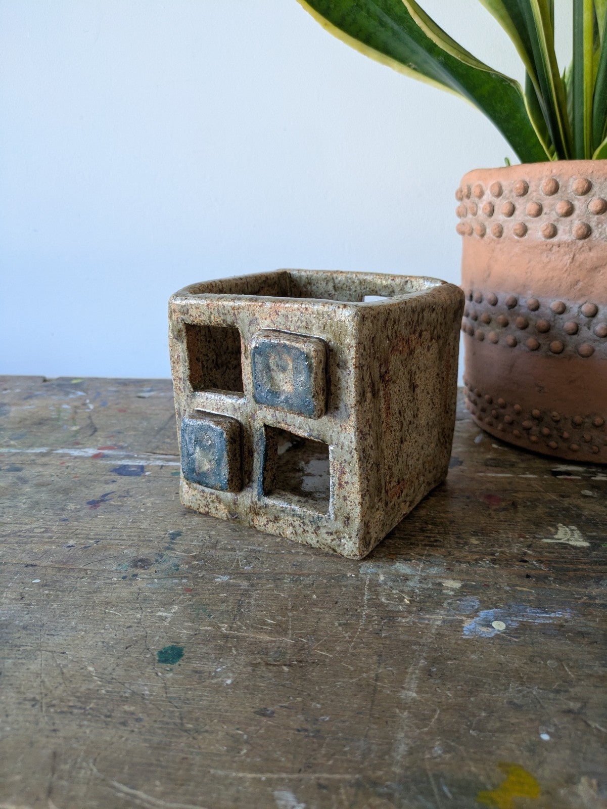 Vintage Retro AGR 1973 Glazed Cube Ceramic Plant Pot Brutalist Mid Century Vgc
