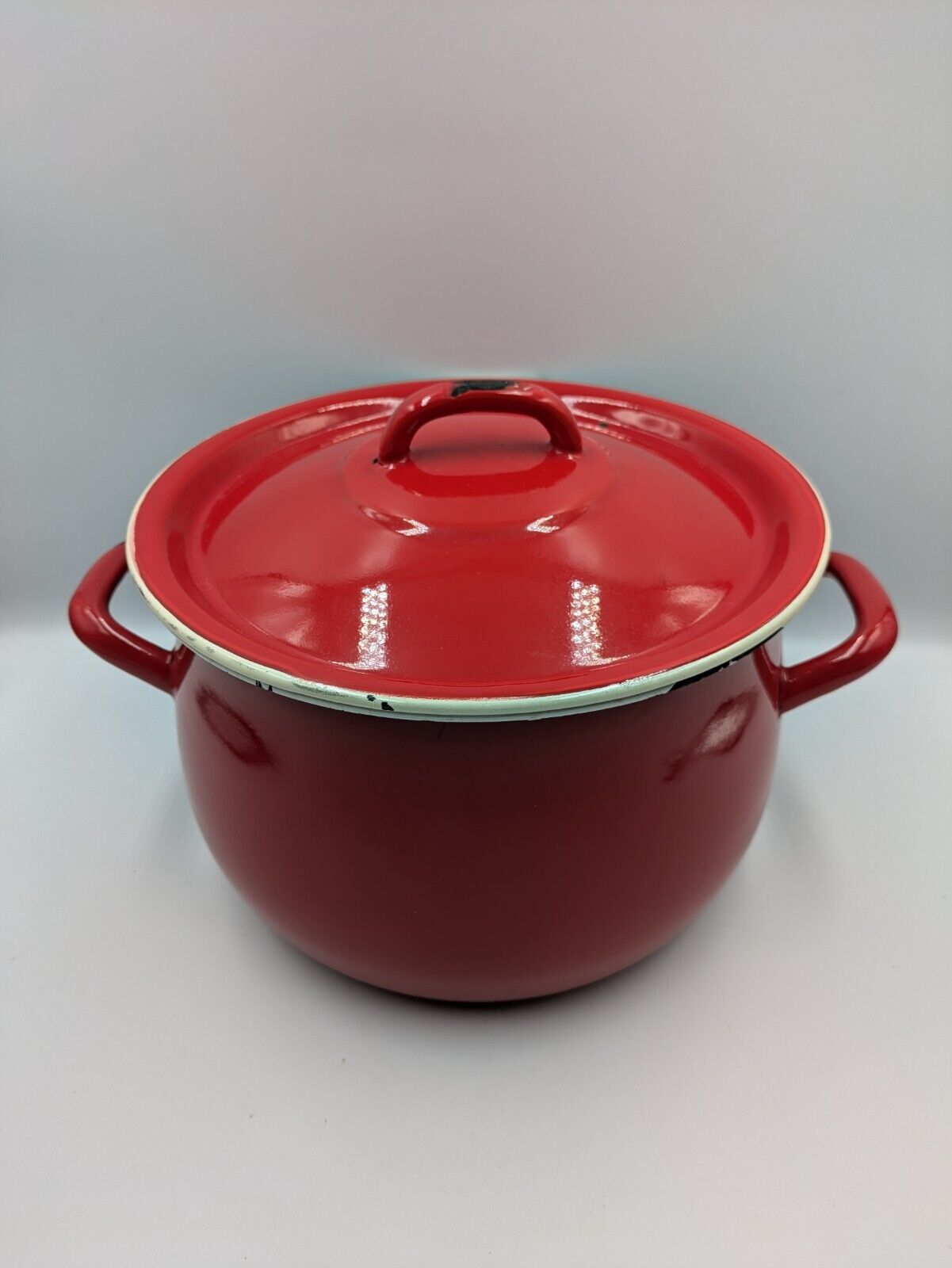 Red Enamel Lrge Cooking Pot Casserole Vtg Retro 1907 Olkusz Poland Prop Kitchen