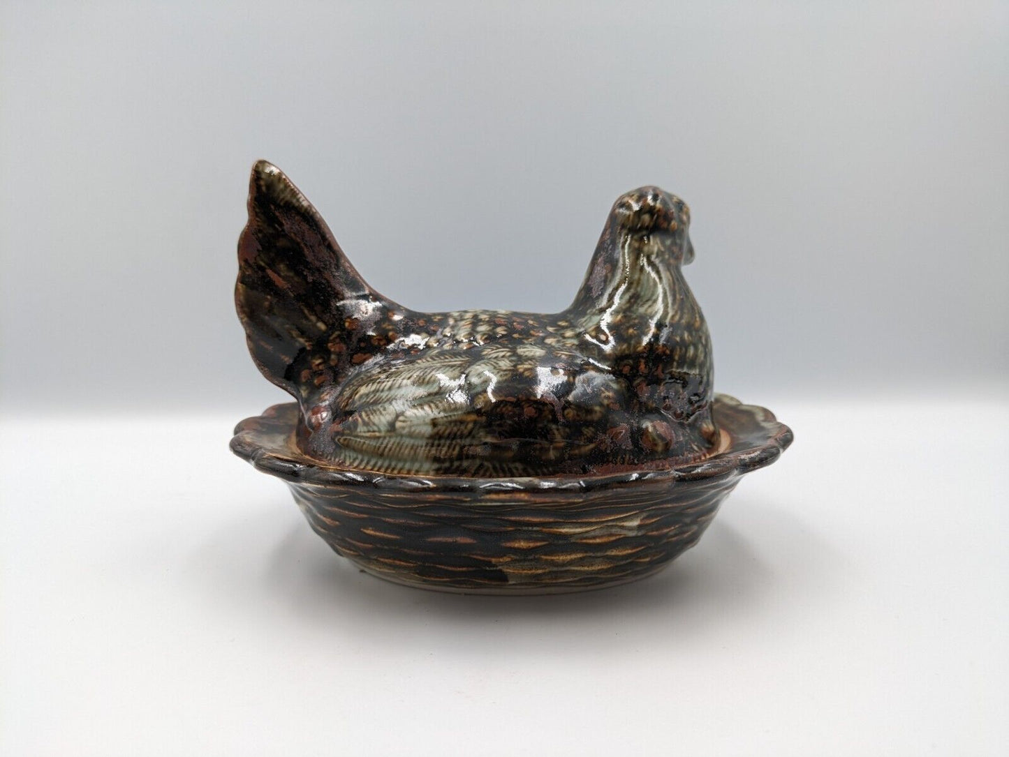 Antique Victorian Brown pottery Hen on Nest egg crock Tureen Terrine Egg Holder