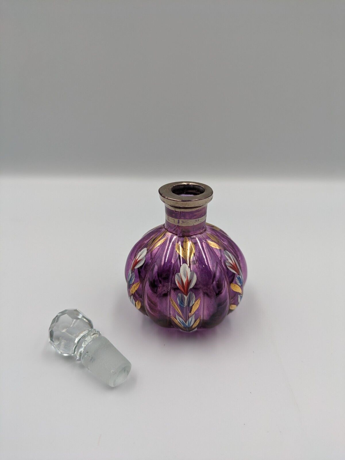 Painted Purple Scent Perfume Bottle with Stopper Vintage Style Glass Amethyst