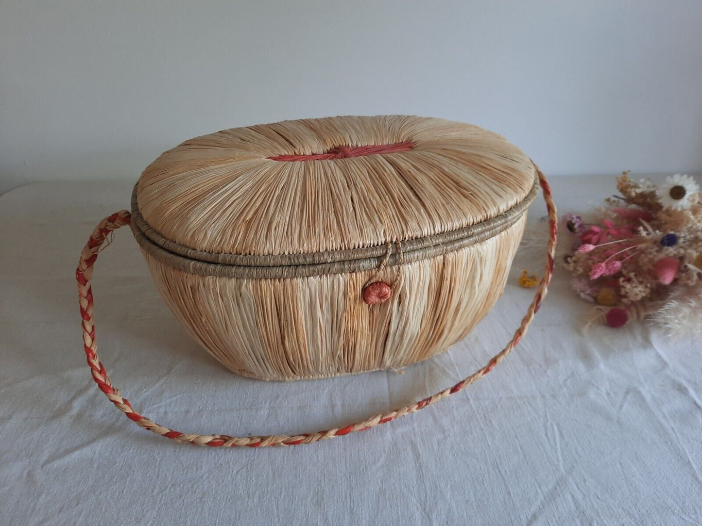 1930s Vintage Rare Wicker Shopping Basket Raffia With Lid And Strap Carry Handle