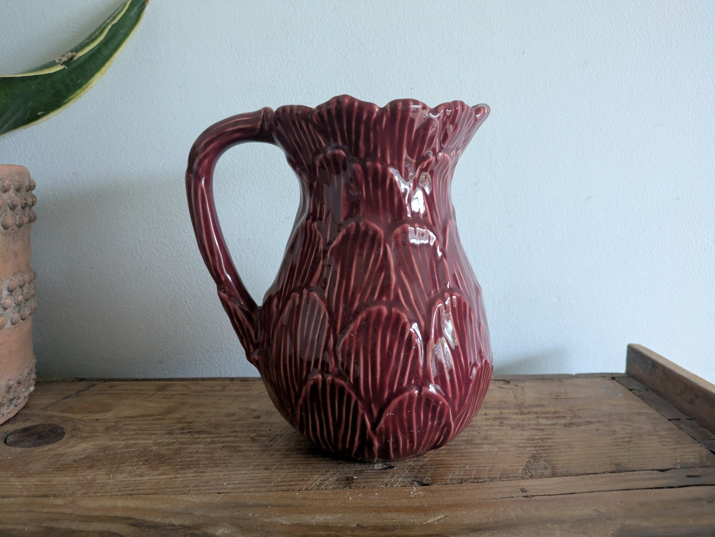 Olfaire Made In Portugal Burgundy Cabbage Majolica Pitcher Vintage MCM Vase Rare