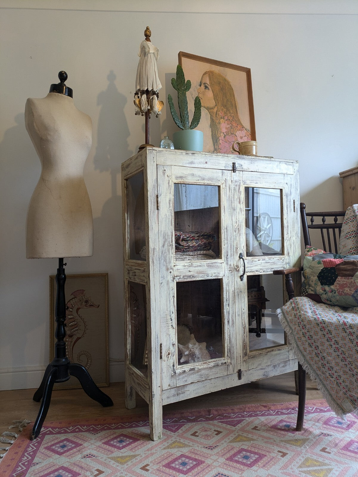 Restored Antique Vintage Indian Cabinet Cupboard Painted Glazed Reclaimed Cream