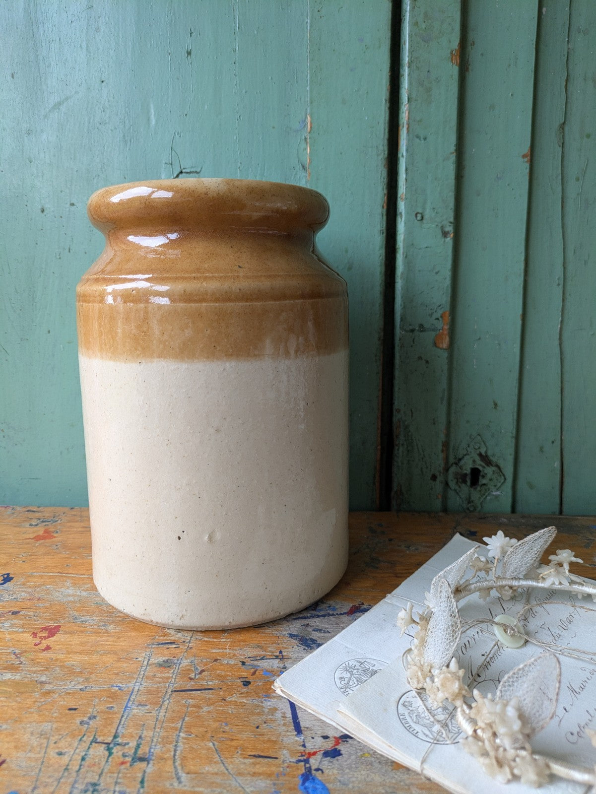 Antique Large Stoneware Country Farm House Salt Glazed Pot Utensil Vintage Vgc