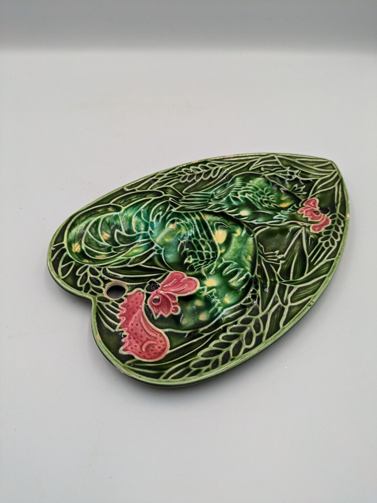 Vintage Chicken Deviled Egg Tray Green Ceramic Dish Plate Hen Heart Leaf Rare