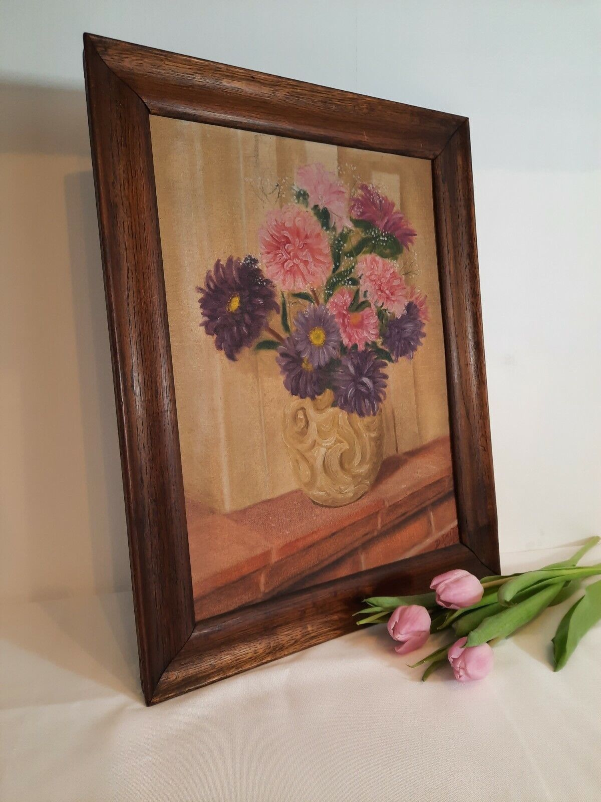 Original Old Vintage Mid Century 1950's Still Life Floral Oil Painting-Signed