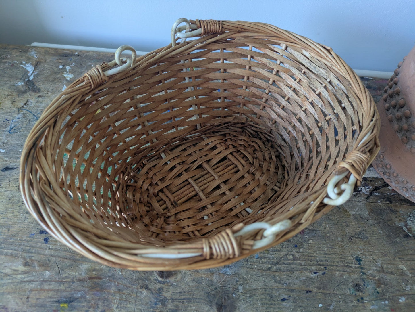 Vtg Wicker Shopping Basket with Handles Natural Farm Shop Display Storage Garden