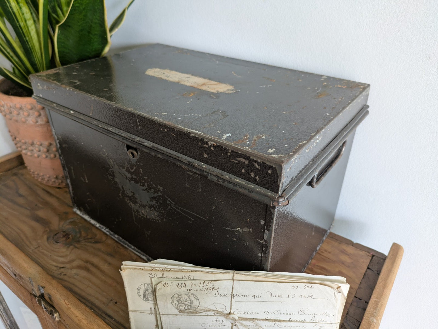Vintage Metal Box Document Deed BOX Grey Latch Hinged Lid Large Cash Tin File