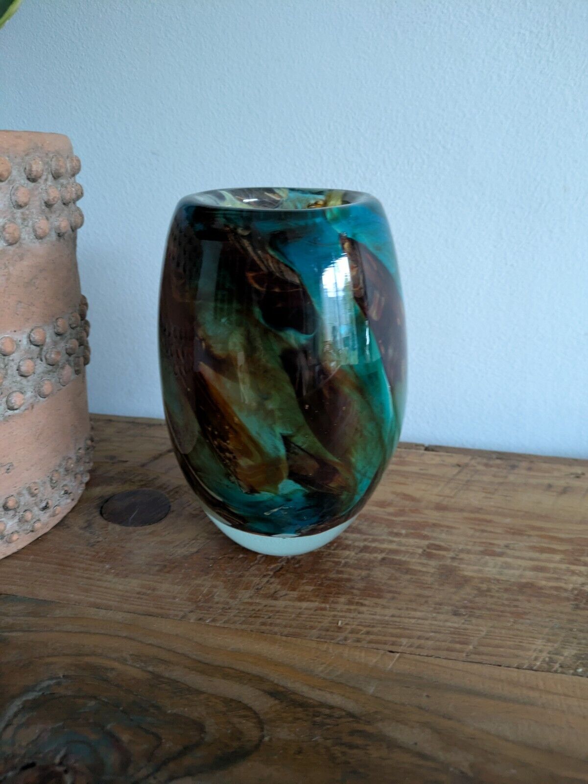 Vintage Mdina Maltese Glass 'Tiger' Pattern Ovoid Vase Art Retro Blue Brown Vgc