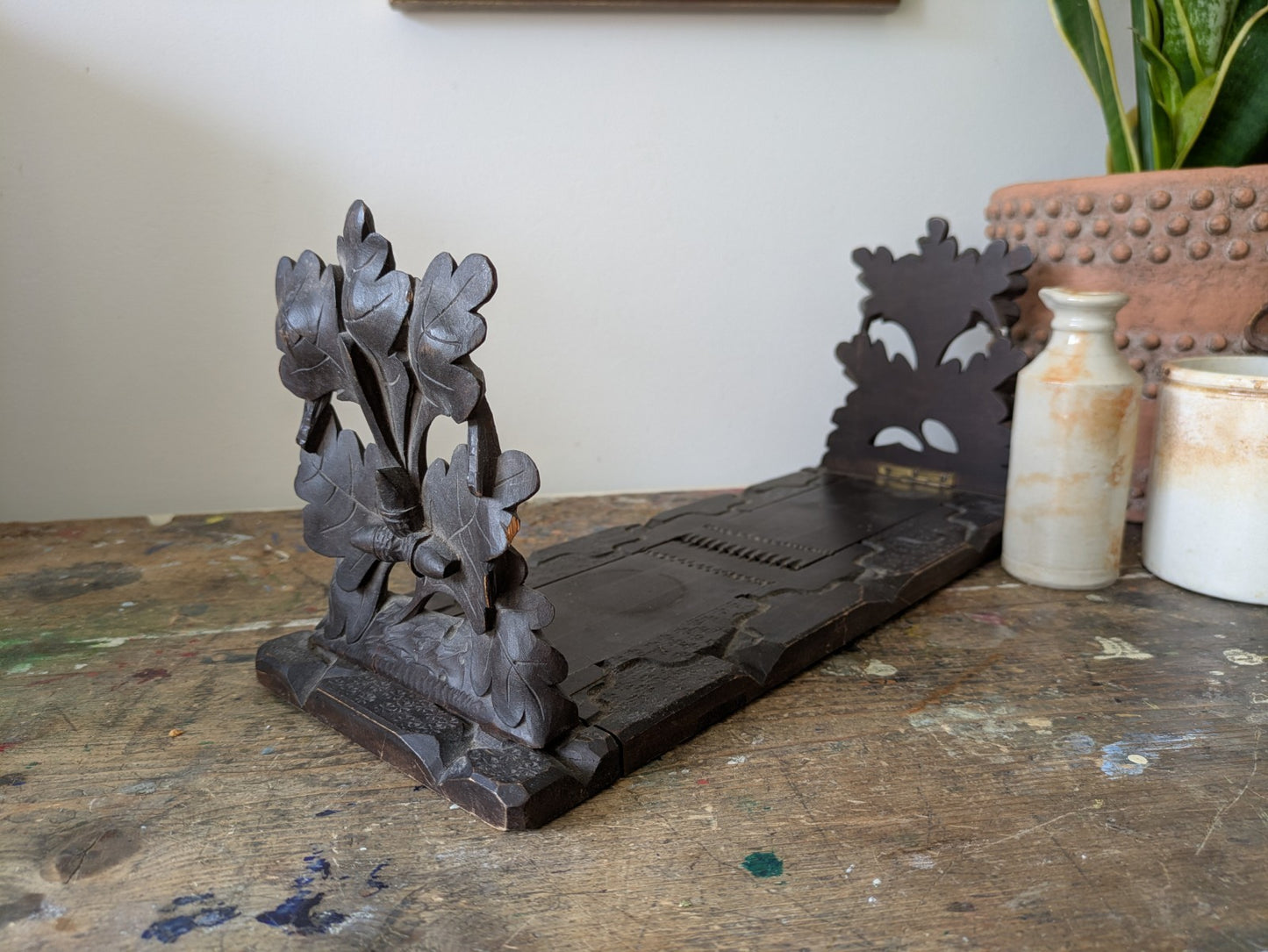 ANTIQUE VTG RARE SWISS BLACK FOREST CARVED WOOD FOLDABLE SLIDING BOOK STAND RACK