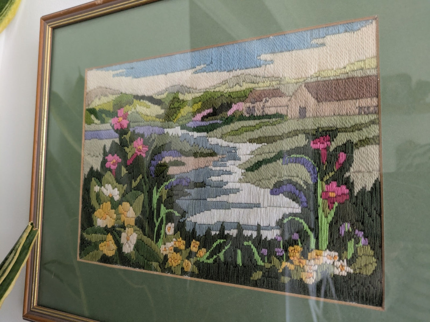 Country Side Embroidery Long Stitch Tapestry Picture Vtg River Floral Landscape